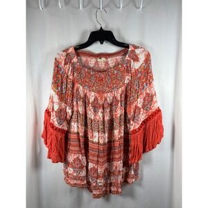 Farmers Market‎ Boho Smocked Square Neck Peasant Blouse Women's Size L Red Print